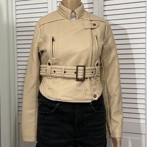 Urban Outfitters Cream Belted Moto Jacket